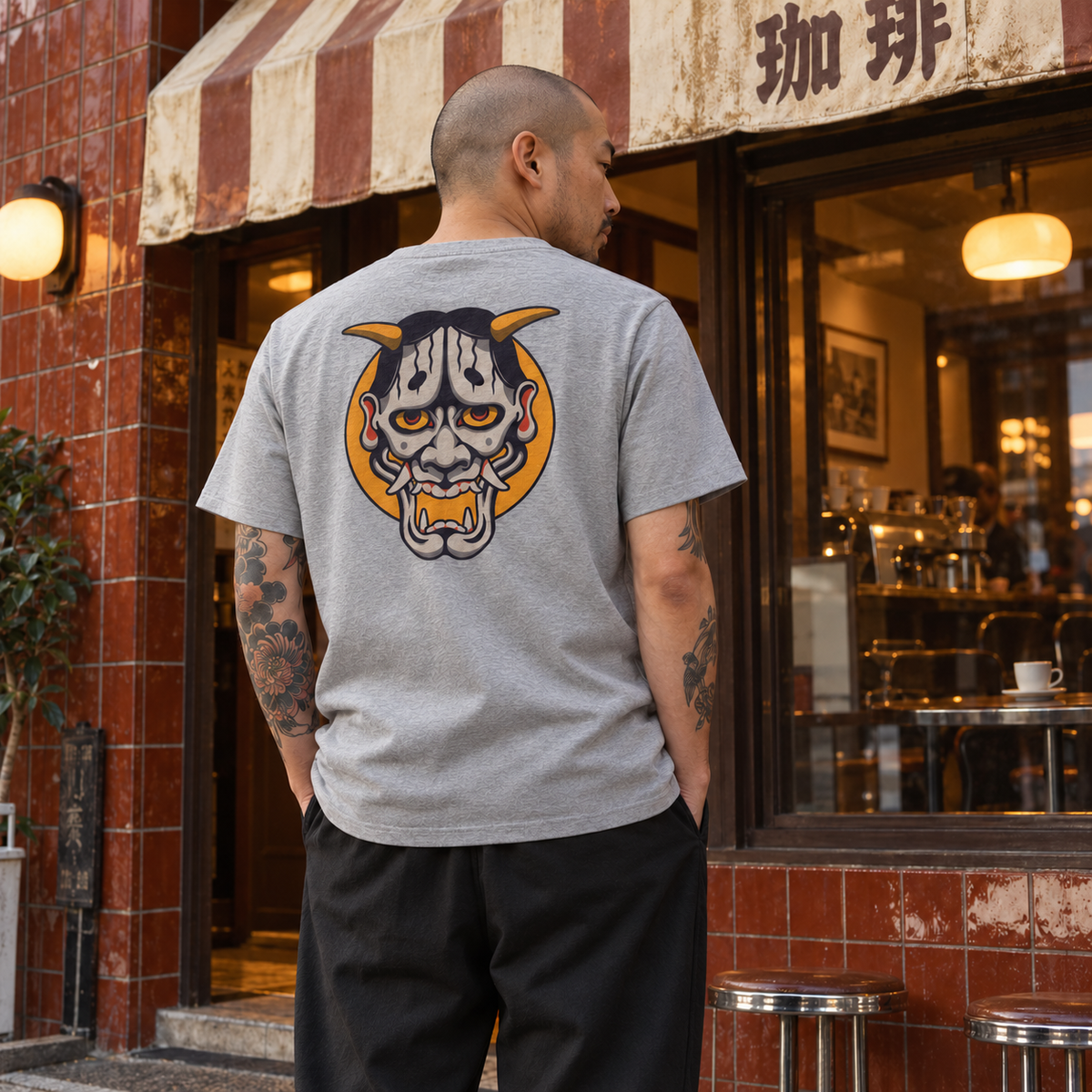 The Hannya Tee in Heather Grey – back view on a model outside a retro Japanese cafe